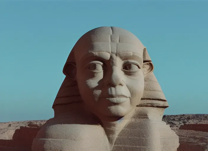 Prompt: high definition 3 d render of yoda's head on a sphinx body, egyptology, ancient aliens, grainy cinestill film landscape photo, blender, monument, 8 k