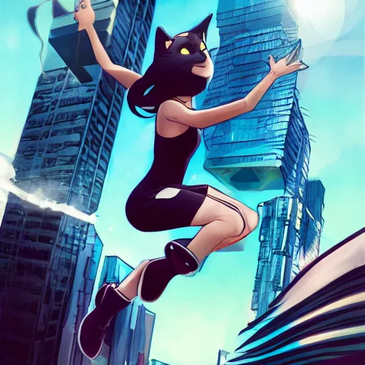 Prompt: a fierce looking 7 year old girl with cat ears, jumping from a rooftop, futuristic city, fiona staples