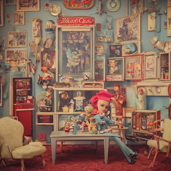 Prompt: portrait of a retro 1 9 5 0 s tin toy living room, depth of field, zeiss lens, detailed, symmetrical, centered, fashion photoshoot, by nicoletta ceccoli, mark ryden, lostfish, breathtaking, 8 k resolution, extremely detailed, beautiful, establishing shot, artistic, hyperrealistic, octane render