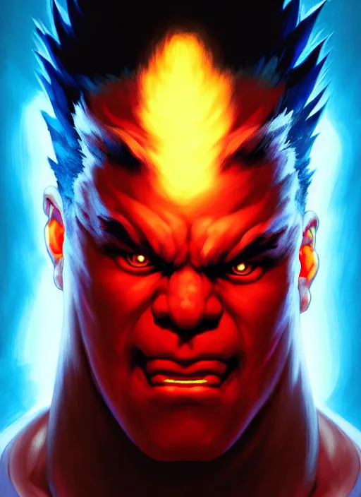 Image similar to symmetry!! portrait of akuma, street fighter, wearing gi, glowing lights!! intricate, elegant, highly detailed, digital painting, artstation, concept art, smooth, sharp focus, illustration, art by artgerm and greg rutkowski and alphonse mucha