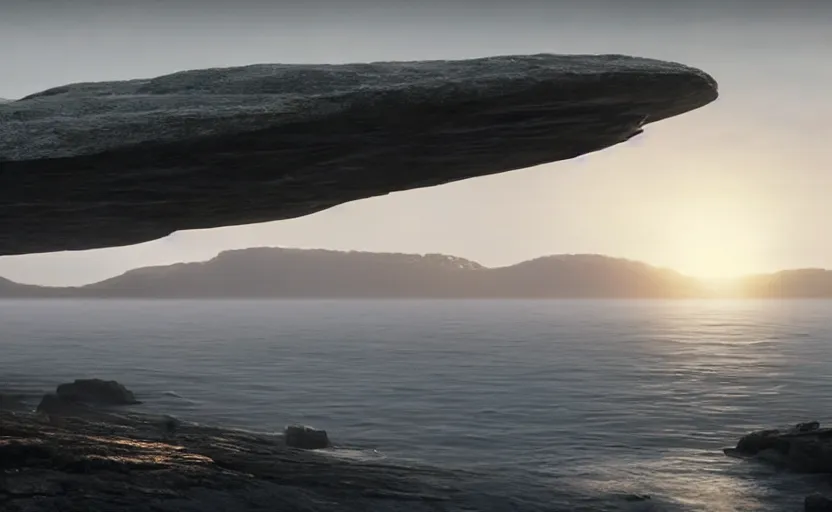 Image similar to giant glowing ufo, directed by charlie kaufman ( 2 0 0 1 ) anamorphic lenses, a rocky shore in the foreground, foggy volumetric light morning, a beam of light from the heavens, cinematic trending on artstation in the style of greg rutkowski