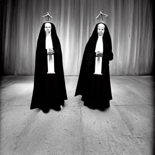 Image similar to black and white, award winning photo, levitating twin nuns, wearing pentgram necklace, Very long arms, in a sanctuary, eerie, frightening —width 1024 —height 1024