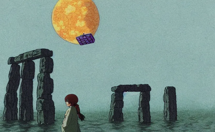 Image similar to a realistic cell - shaded studio ghibli concept art from paprika ( 2 0 0 6 ) of a flying multi - colored cube from close encounters of the third kind ( 1 9 7 7 ) and a grey long - haired witch in a flooded stonehenge on a misty starry night. very dull colors, wide shot, hd, 4 k, hq