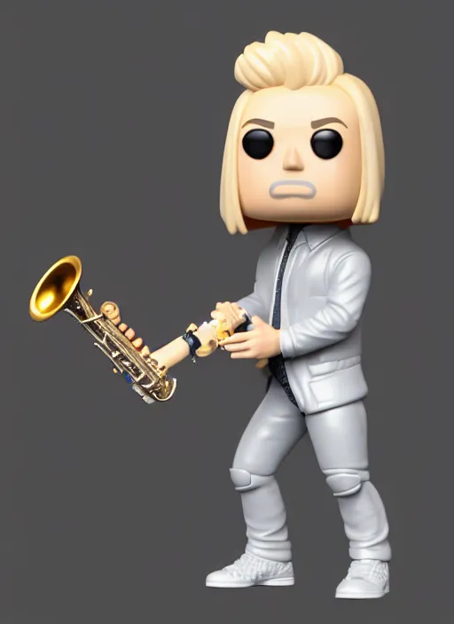 Image similar to full body 3d render of blond futuristic man playing sax as a funko pop!, studio lighting, grey background, single body, no shadow, blender, trending on artstation, 8k, highly detailed