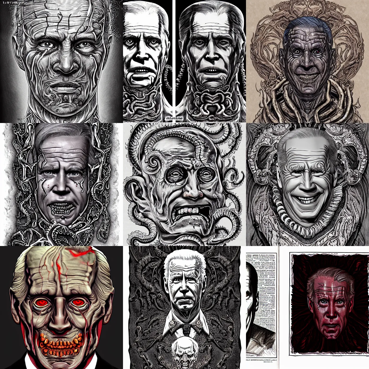 Prompt: lovecraftian human skin necronimicon with joe biden's face stitched onto it, ornate, ancient, tome + concept art, intricate writing, artstation, junji ito