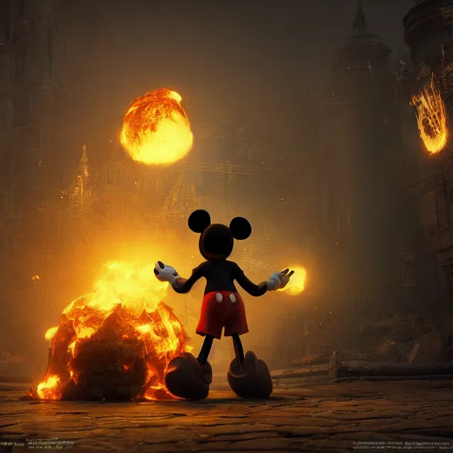 Prompt: mickey mouse reimagined as a monster boss in dark souls, dark cinematic, volumetric, realistic, cinematic lighting, ray tracing, unreal engine 5, unreal engine render, octane render, hyper realistic, photo, 8 k