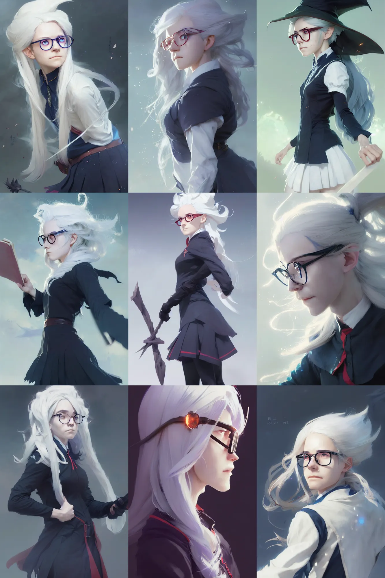 Prompt: side portrait of female student witch, witch academia, magic school uniform, white hair color, library nerd glasses, by ruan jia and wlop and greg rutkowski and ross tran, digital art, illustration, highly detailed, concept art, beautiful, masterpiece