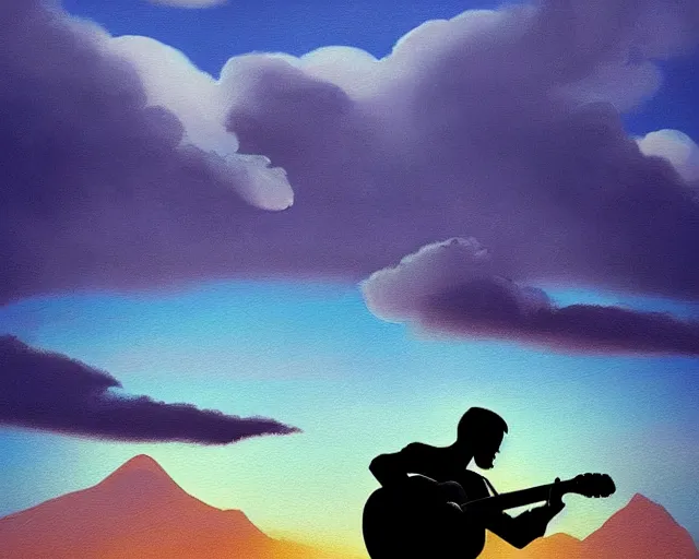 Prompt: A slightly silhouetted figure of a man with a guitar, clouds that look like mountains high in the sky, the clouds are a deep blue purple color with the sun blazing behind the clouds, deep focus, D&D, fantasy, intricate, elegant, highly detailed, digital painting, artstation, oil paint, matte, sharp focus, illustration, hearthstone, art by Ivan Aivazovsky