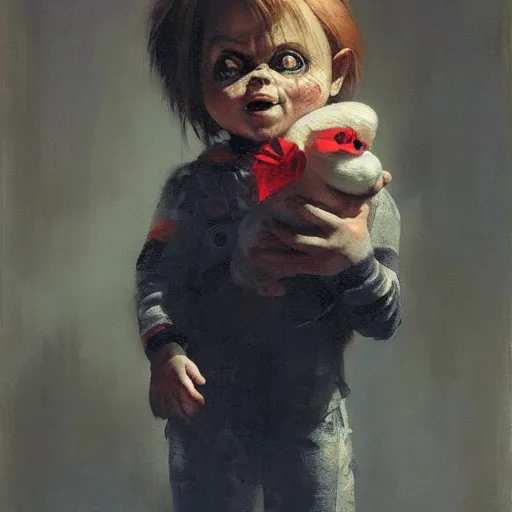 Prompt: chris patt holding the doll chucky, oil painting, by greg rutkowski