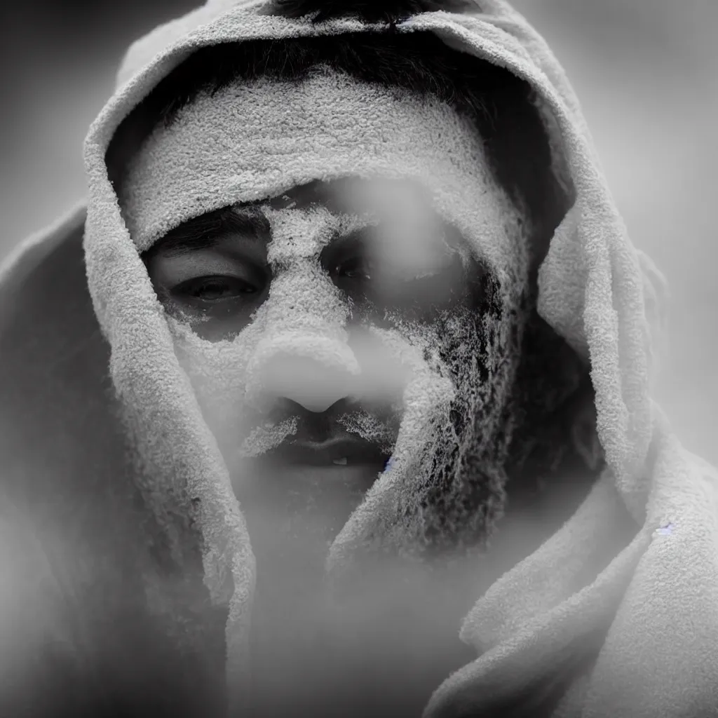 Prompt: Extreme Close-Up (ECU) vintage black and white portrait photo of a young man dressing in white robes wearing white masks in the field, the man is screaming, cinematic lighting, cinematic composition, cinematic atmosphere, misty foggy. Vogue photography Sigma 85mm f/5-6.3 lens, portrait winning photograph.