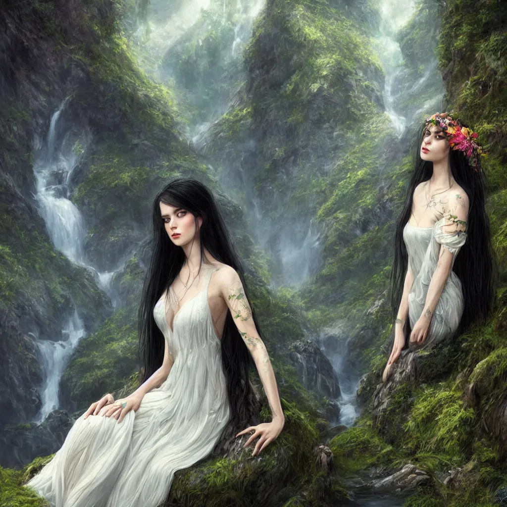 Image similar to Intricate picture of a single 25 years old Paludnitsa in a lush fjord. Long black hair, perfect face, beautiful eyes, intricate white dress, smooth, vivid colors, highly detailed, dreamlike, digital art by Eddie Mendoza, 4k, very wide shot.