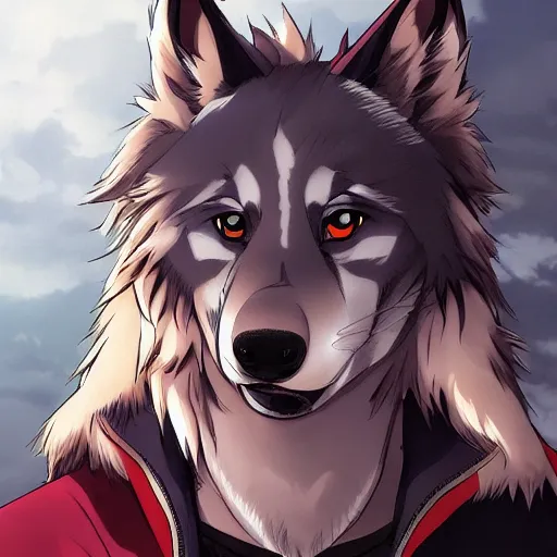 Image similar to key anime visual portrait of an anthropomorphic anthro wolf fursona, in a jacket, with handsome eyes, official modern anime art