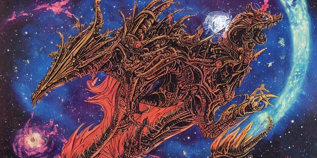 Image similar to an alien dragon flying through outer space, epic nebula, style of philippe druillet art