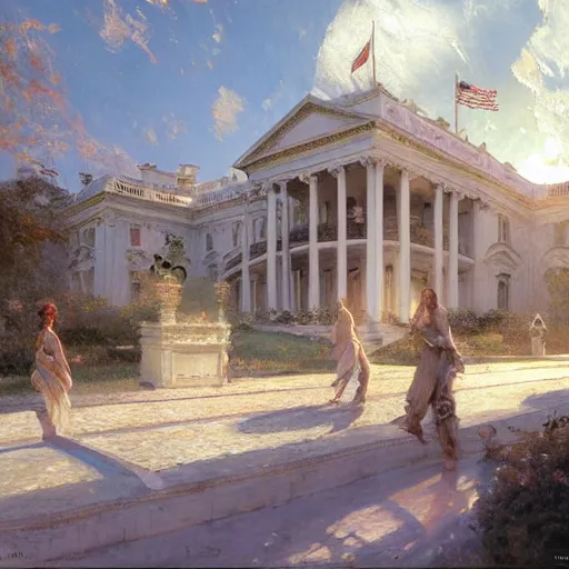 Prompt: detailed cinematic wide shot of the white house that is existing far in the future where humans evolved to be solarpunk, ultra realistic, spring light, painting by gaston bussiere, craig mullins, j. c. leyendecker