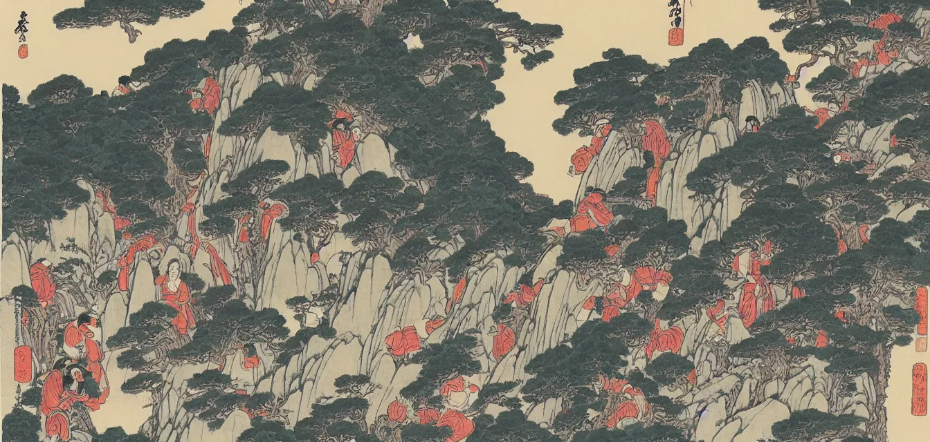 Prompt: taoist monks and temples in huangshan, artwork by katsushika hokusai