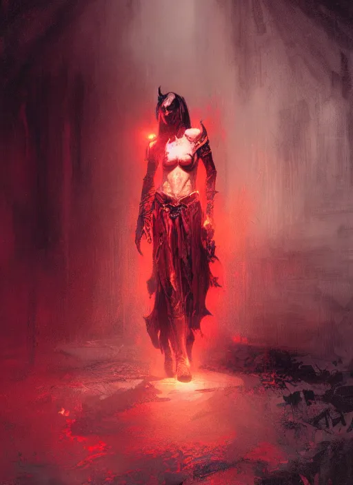 Image similar to diablo 4 lilith, red tones, beautiful face, rule of thirds, intricate outfit, spotlight, by greg rutkowski, by jeremy mann, digital painting