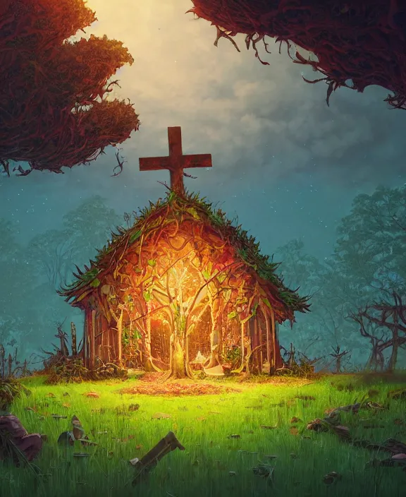 Image similar to a simple, whimsical church made from food, overgrown with huge exotic fungus, deep in the woods, cheerful, stormy, by dan mumford, yusuke murata, makoto shinkai, ross tran, dreamy, cinematic, unreal engine, cel shaded, featured on artstation, pixiv