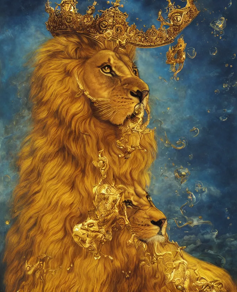 Prompt: A majestic portrait of a lion wearing a crown, on a flaming throne, titian, Tom Bagshaw, Sam Spratt, maxfield parrish, gustav klimt, high detail, 8k, underwater light rays, intricate, royalty, vibrant iridescent colors,art nouveau, yellow navy and gold