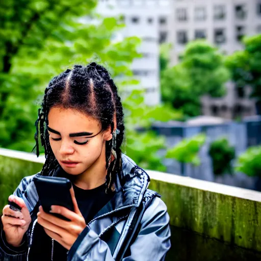 Image similar to candid photographic portrait of a poor techwear mixed young woman using a phone inside a dystopian city, closeup, beautiful garden terraces in the background, sigma 85mm f/1.4, 4k, depth of field, high resolution, 4k, 8k, hd, full color