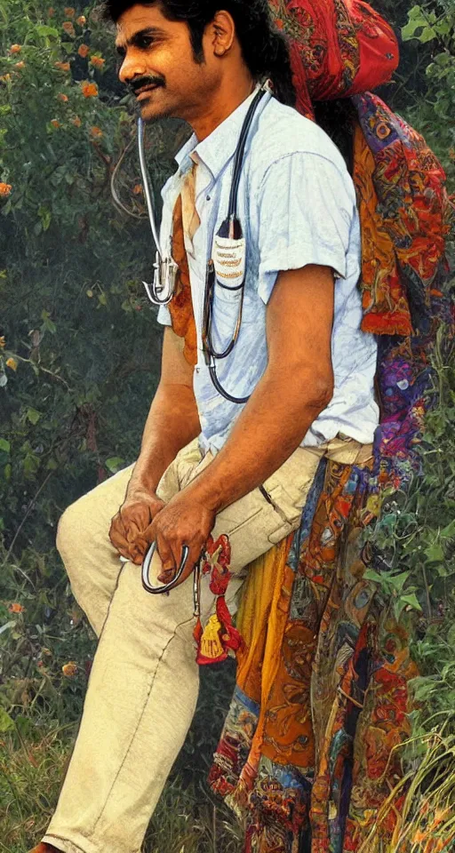 Image similar to close up a beautiful Indian doctor wearing jeans and a shirt in Texas in 2022, sun shining, photo realistic illustration by greg rutkowski, thomas kindkade, alphonse mucha, loish, norman rockwell.