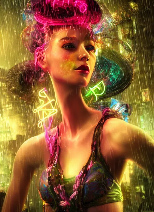 Image similar to An epic fantasy comic book style portrait painting of a very beautiful cyberpunk Hula Dancer in the rain, neon reflections, character design by Mark Ryden and Pixar and Hayao Miyazaki, unreal 5, DAZ, hyperrealistic, octane render, cosplay, RPG portrait, dynamic lighting, intricate detail, cinematic