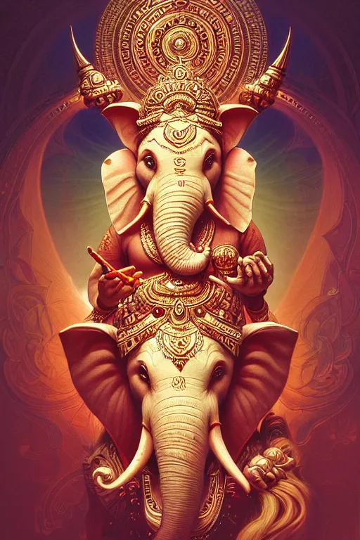 Image similar to ganesha, mandala, fantasy, intricate, elegant, highly detailed, digital painting, artstation, concept art, matte, sharp focus, illustration, art by artgerm and greg rutkowski and alphonse mucha