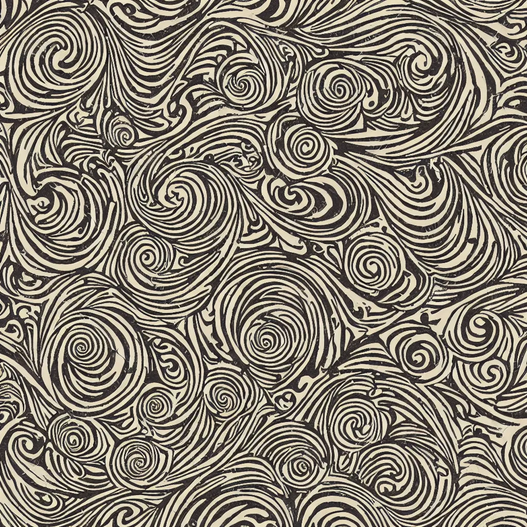 Prompt: optical illusion woodblock print, swirling filigree stamp pattern