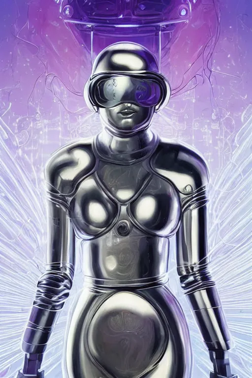 Prompt: retro-futuristic portrait of a beautiful blind female android in old chrome armour with cables and wires, laying in white liquid, ornate background, rim light, ornate pattern, glowing eyes, evil expression, high details, intricate details, renaissance painting by vincent di fate, artgerm julie bell beeple, 80s, Smooth gradients, High contrast, depth of field, very coherent symmetrical artwork