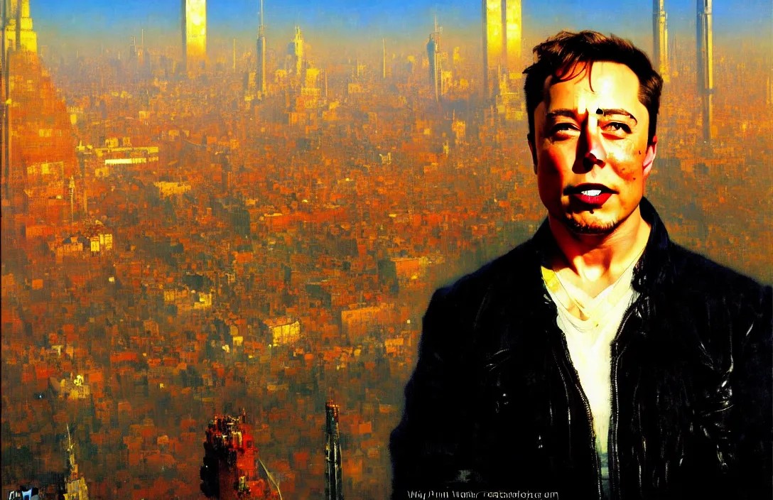 Image similar to portrait of elon musk!!!!!!!!!!!!!!!!!!!!!!!!!!!, detailed face, detailed painting, detailed city background, epic lighting, by ilya repin and phil hale