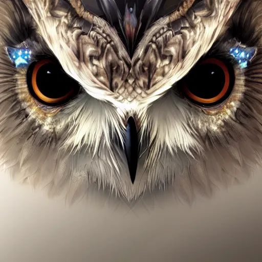 Image similar to detailed portrait of a magical owl, wearing a diamond crown, glowing feathers, digital art, realistic, dnd, character design, artstation