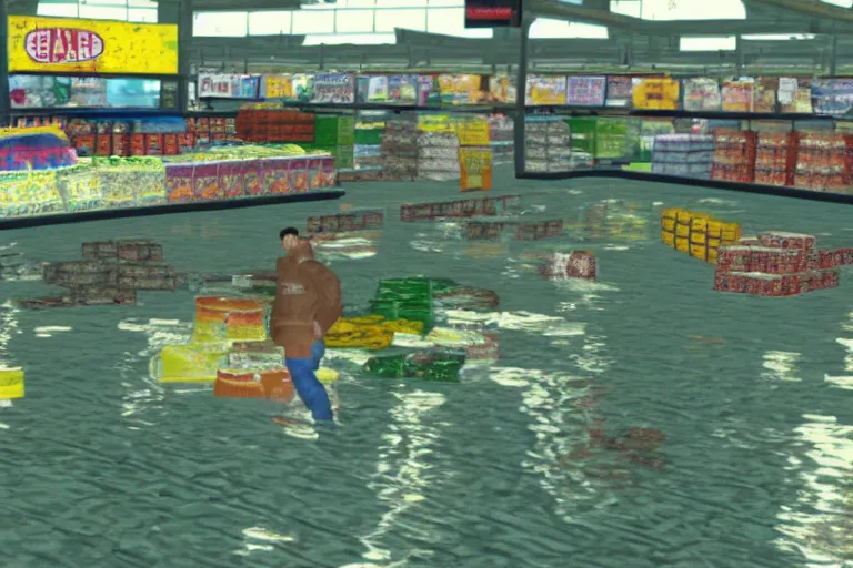 Prompt: flooded walmart in a shenmue , dreamcast screenshot, shenmue,