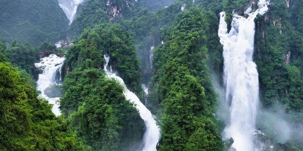 Prompt: Cloudy peaks in southern China with waterfalls, the style of National Geographic magazine
