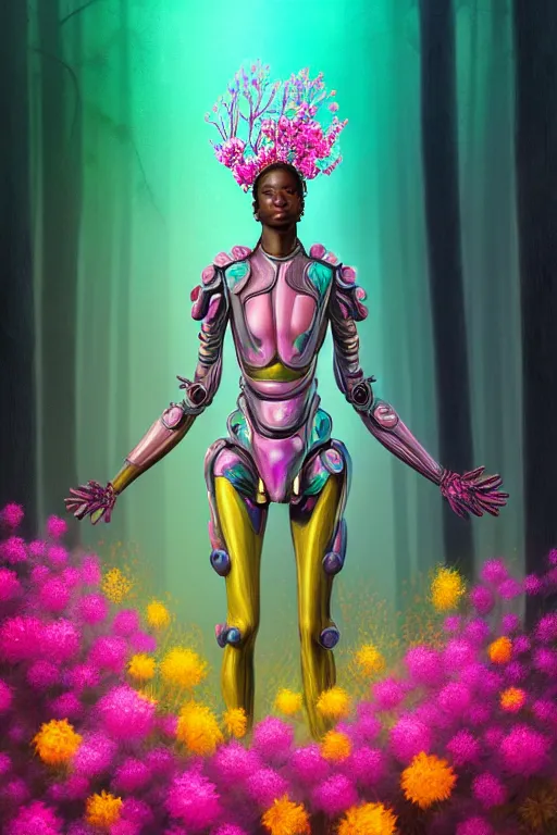 Image similar to illustration neo - renaissance cinematic super expressive! yoruba goddess with exoskeleton armor, merging with tree in a forest, pink yellow flowers, highly detailed digital art masterpiece, smooth etienne sandorfi eric zener dramatic pearlescent soft teal light, ground angle uhd 8 k, sharp focus