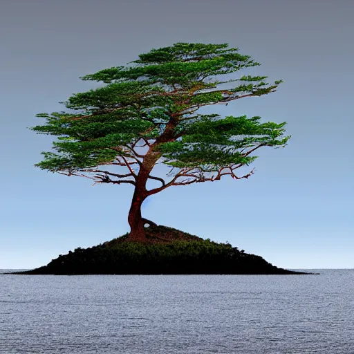 Prompt: a singled barren dead tree on a tiny island surrounded by a peaceful calm ocean, minimalist digital art, stylized illustration