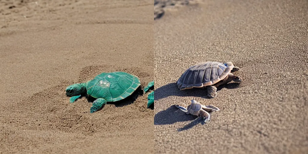 Prompt: a couple of cute turtle babies playing in the sand at the beach