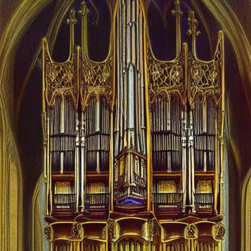 Image similar to ornate gothic organ console, designed by alan lee and john howe, detailed color concept art sketch