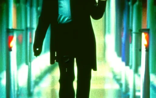 Prompt: Michael Jackson as Neo fighting Agent Smith, Still from The Matrix (1999)