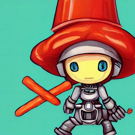 Image similar to cute robot with big tomato hat and a carrot sword, made in abyss style