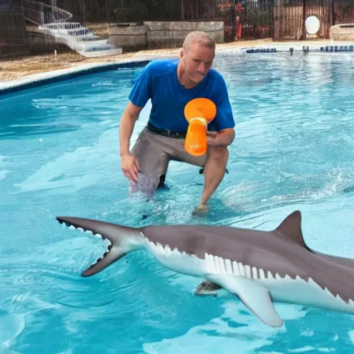 Image similar to a man feeding a shark in a pool