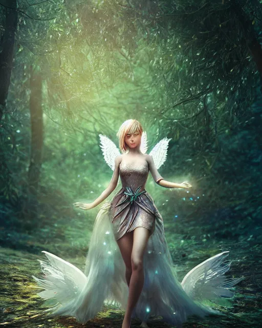 Image similar to posh Angel in enchanted forest, prismatic highlights, atmosphere, gorgeous, depth of field, cinematic, macro, concept art, 50mm, artstation, wlop, elegant,weta digital, focus, octane render, v-ray, 8k, kodak portra, art by Liberatore