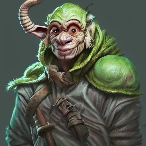 Image similar to Goblin Cleric with large expressive eyes and a scarf, hatched ear, green skin, highly detailed, by Luke Pearson, artgerm, digital illustration, concept art