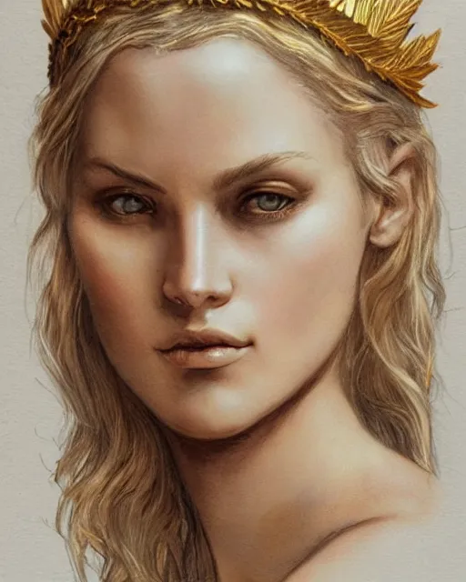 Image similar to front view of beautiful super model aphrodite greek goddess wearing a gold laurel wreath and triangle earrings, realism tattoo sketch, beautiful piercing eyes with sharp pupils, beautiful blonde hair, in the style of greg rutkowski, fantasy, amazing detail, epic, elegant, smooth, sharp focus