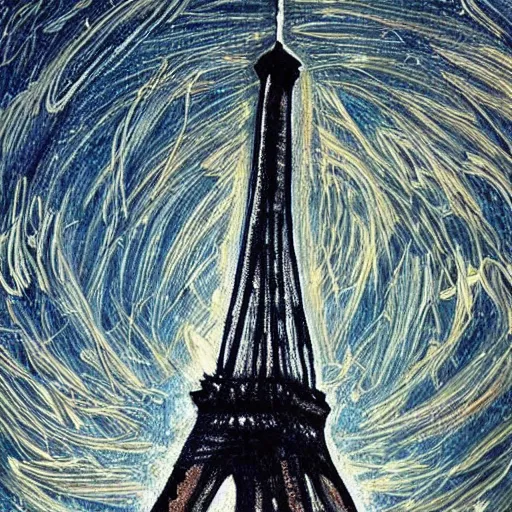 Image similar to the eiffel tower drawn like starry night