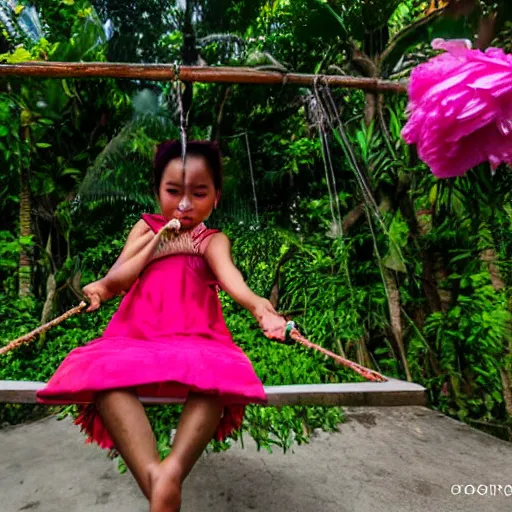 Image similar to A girl in a peony dress swings on a flower swing in Bali, style of Guo Hua