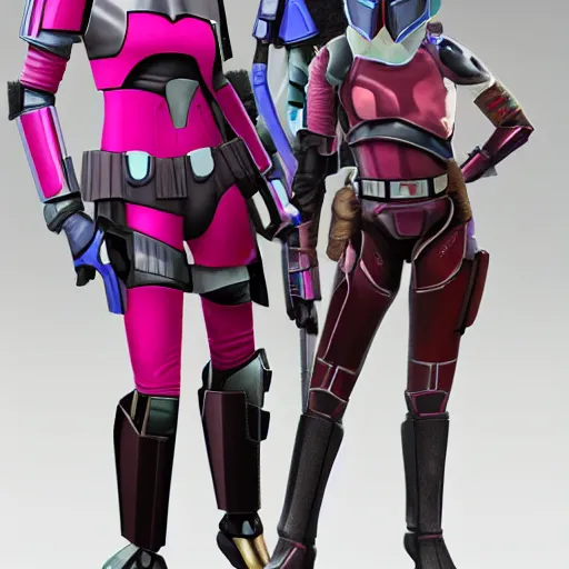 Prompt: bo katan, koska reeves, and a very fancy female mandalorian in a pink suit and bedazzled helmet. digital art. photo realistic. 4 k. intricate. detailed. by krenz cush art simon gets her.