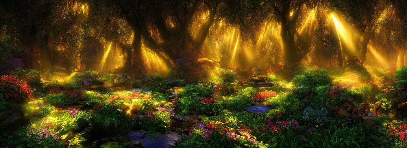 Prompt: photograph of enchanted garden, with rays of light by marc adamus, highly detailed, intricate detail, cinematic lighting