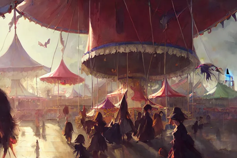 Image similar to close - up of young witches exploring small town carnival amusement, food stalls, big top circus tent, highly detailed, magical, japan, digital painting, concept art, matte, art by ruan jia and wlop and greg rutkowski and makoto shinkai, masterpiece