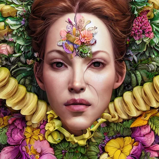 Image similar to the portrait of an absurdly beautiful, graceful, elegant mature woman made of bananas and petals looking up, an ultrafine detailed illustration by kim jung gi, irakli nadar, intricate linework, bright colors, octopath traveler, final fantasy, angular, unreal engine 5 highly rendered, global illumination, radiant light, detailed and intricate environment