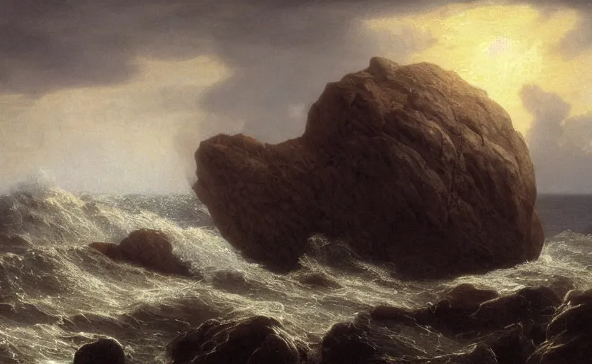 Image similar to large rock in the middle of the ocean, large waves, close up shot, rocky, at dusk, 4k, rule of thirds, extreme detail, hazy, intricate ink illustration, surreal, surrealist, trending on artstation, cgsociety, hd, complimentary colours, realistic lighting, by Albert Bierstadt, Frederic Edwin Church.