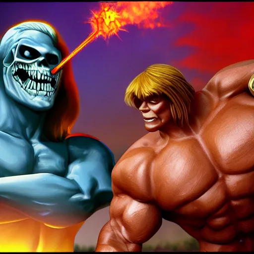 Image similar to He Man dancing with Skeletor, cinematic lighting, photorealistic